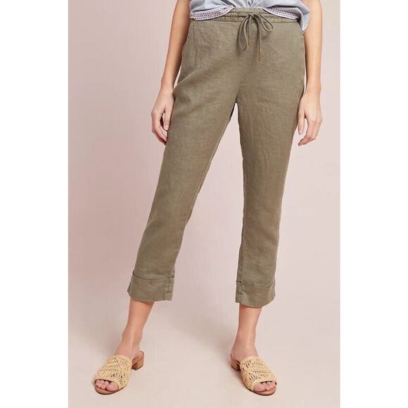 Anthropologie Michael Stars Size M Cuffed Linen Trousers Olive Green - Picture 2 of 9